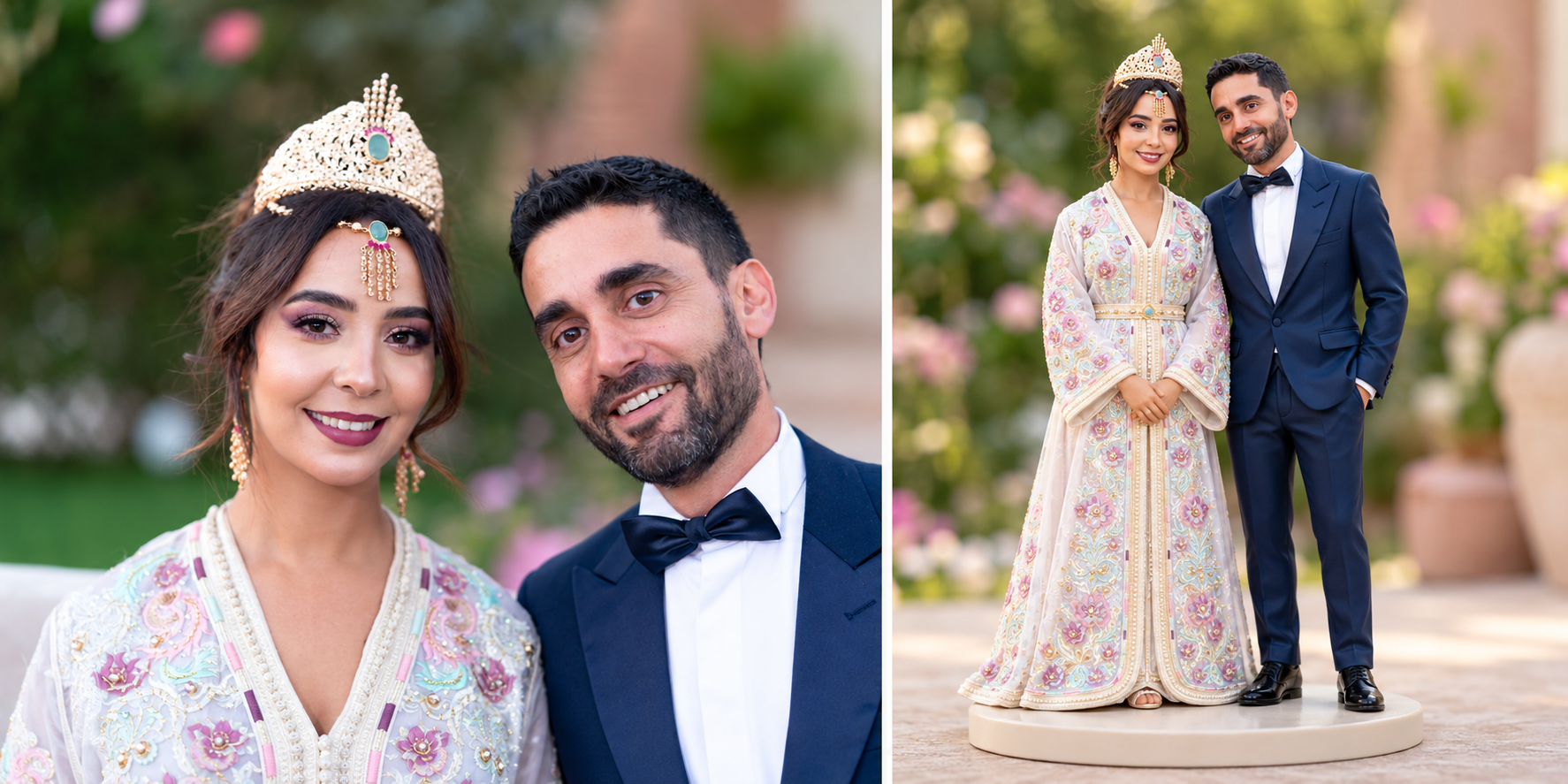 Photo du couple marocain à côté de sa figurine 3D assortie en tenue de mariage